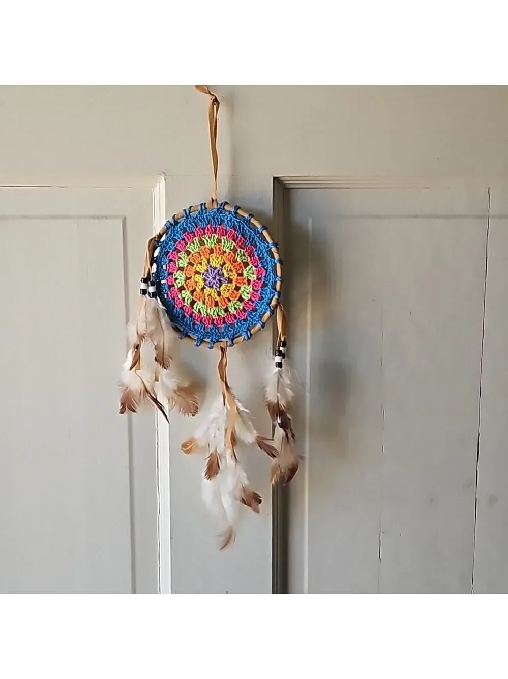 Hand Crafted crochet dreamcatcher multicolored floral eclectic textile decor